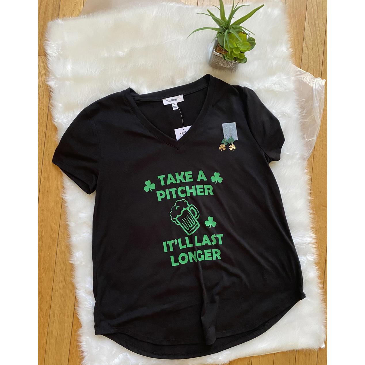 Freshman Black V-Neck T-Shirt Green St. Patrick's Day With Shamrock Earrings